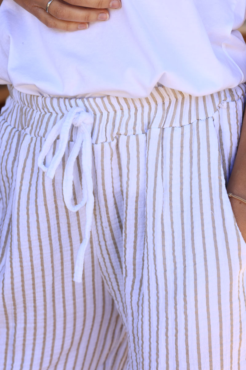 Pantalón ancho suave de gasa de algodón a rayas beige con cinturilla elástica
