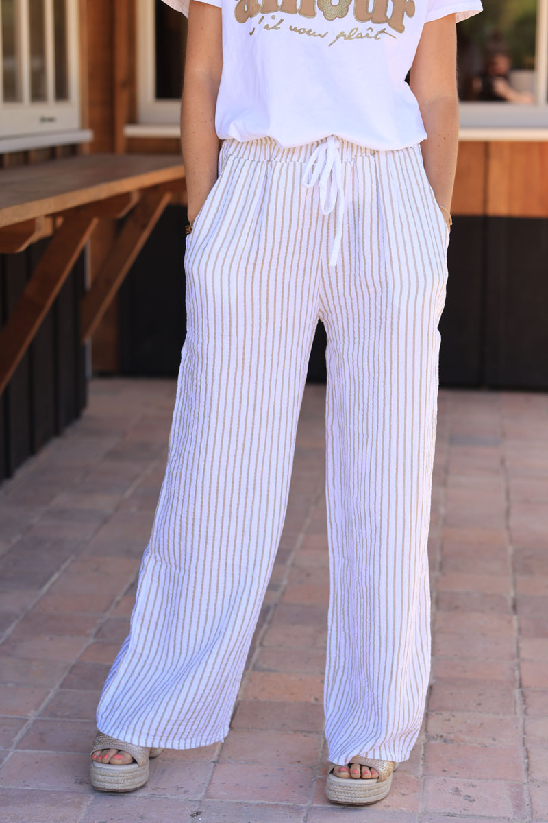 White wide leg beige striped crinkle cotton gauze pants