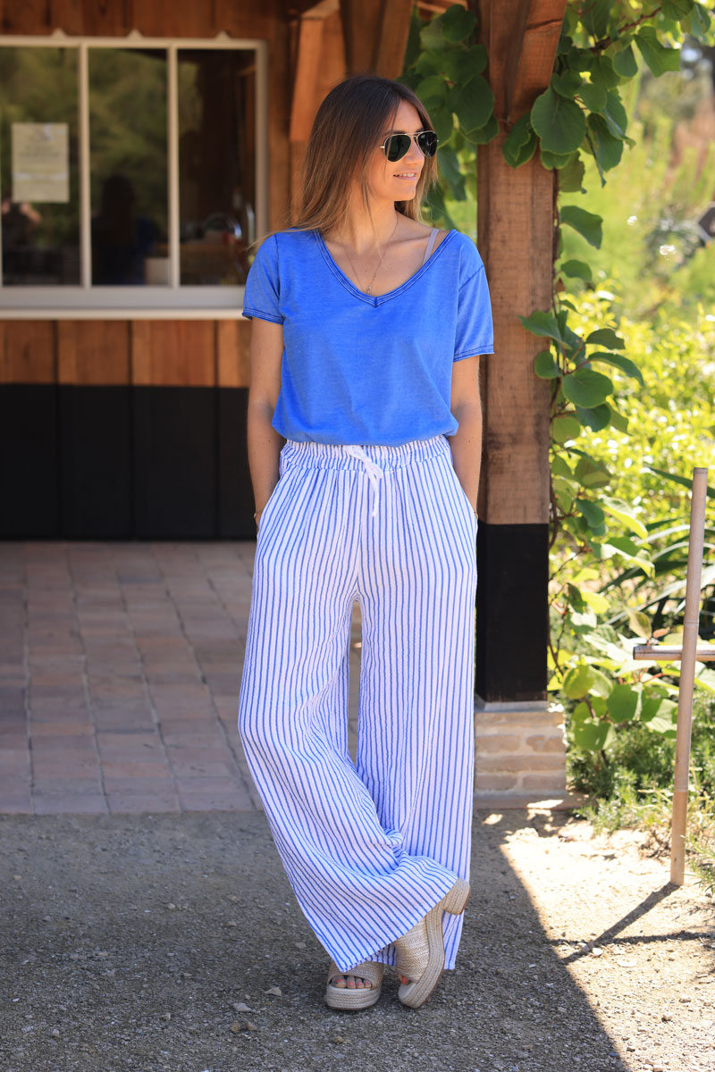 White wide leg sky blue striped crinkle cotton gauze pants