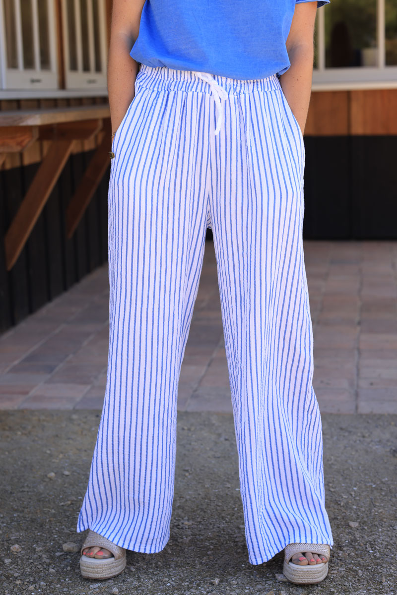 Pantalón ancho suave en gasa de algodón con rayas azul cielo, cinturilla elástica