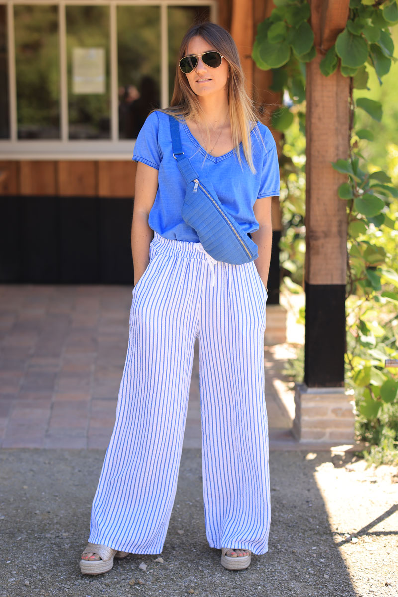 Pantalon large souple en gaze de coton à rayures bleu ciel ceinture élastique