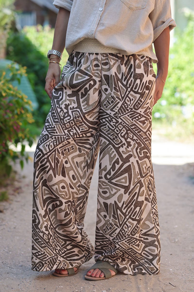 Pantalon large taille elastique brodee motifs ethnique aquarelle kaki H119 (1)