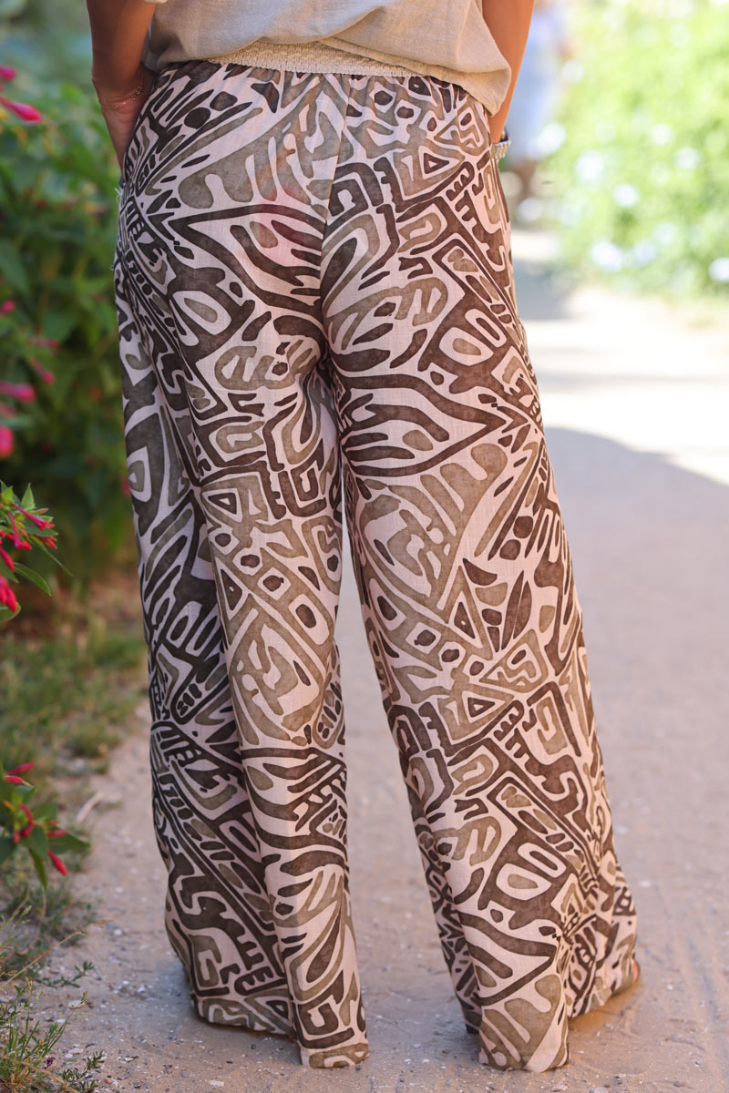 Pantalon large taille elastique brodee motifs ethnique aquarelle kaki H119 (1)