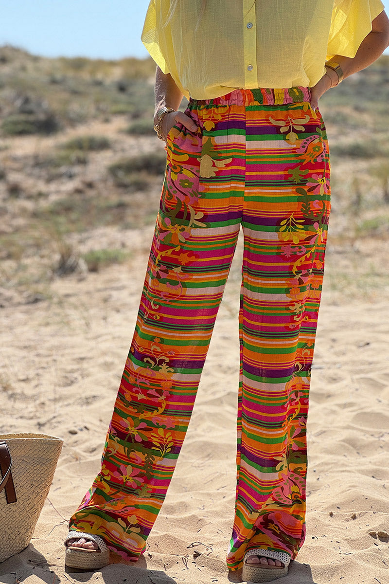 Pantalon léger et fluide imprimé coloré rayures et paisley
