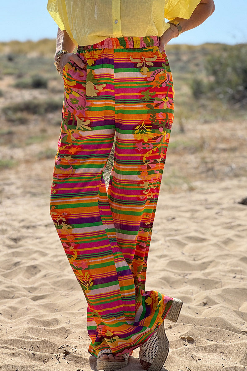 Orange Tropical Stripe Linen Pants
