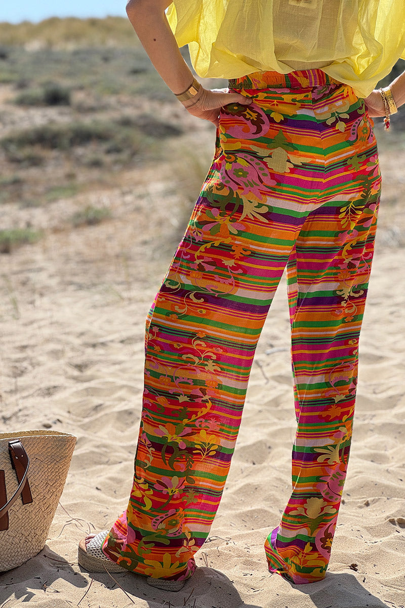 Orange Tropical Stripe Linen Pants
