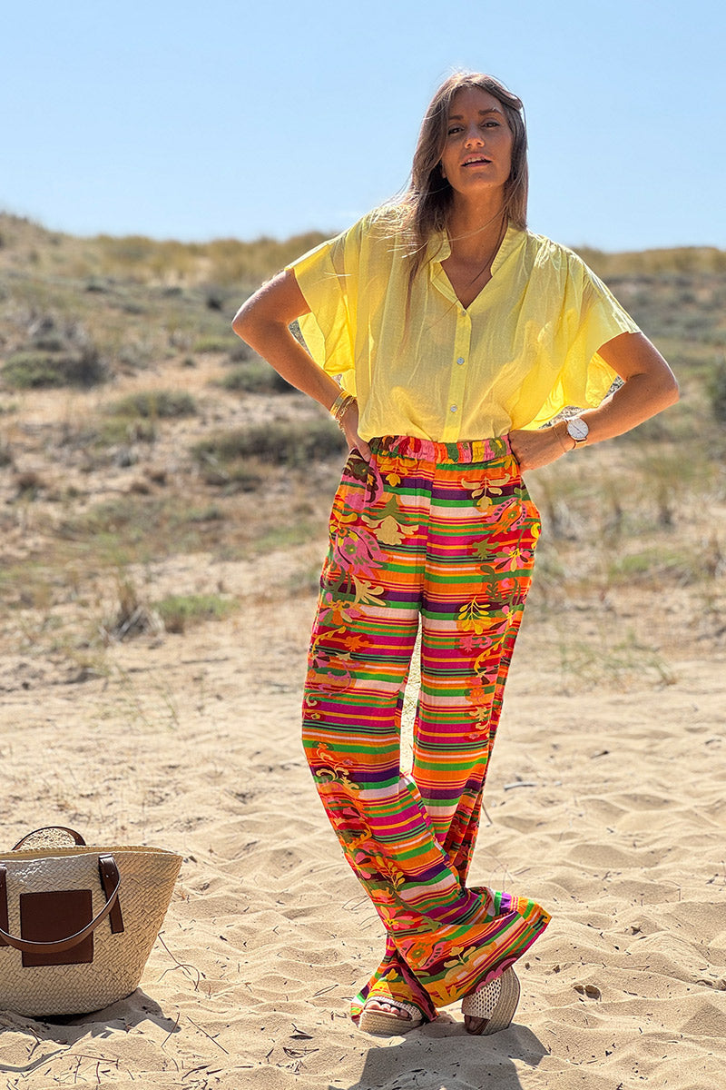 Orange Tropical Stripe Linen Pants
