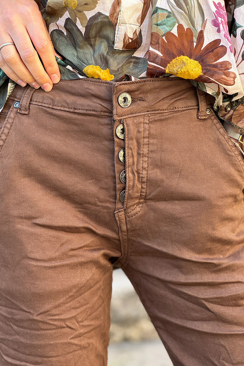 Slim Fit Brown Jeans with Silver Ankle Hem Edging