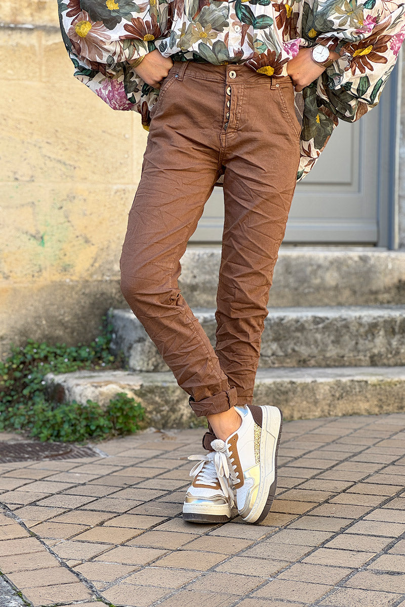 Slim Fit Brown Jeans with Silver Ankle Hem Edging