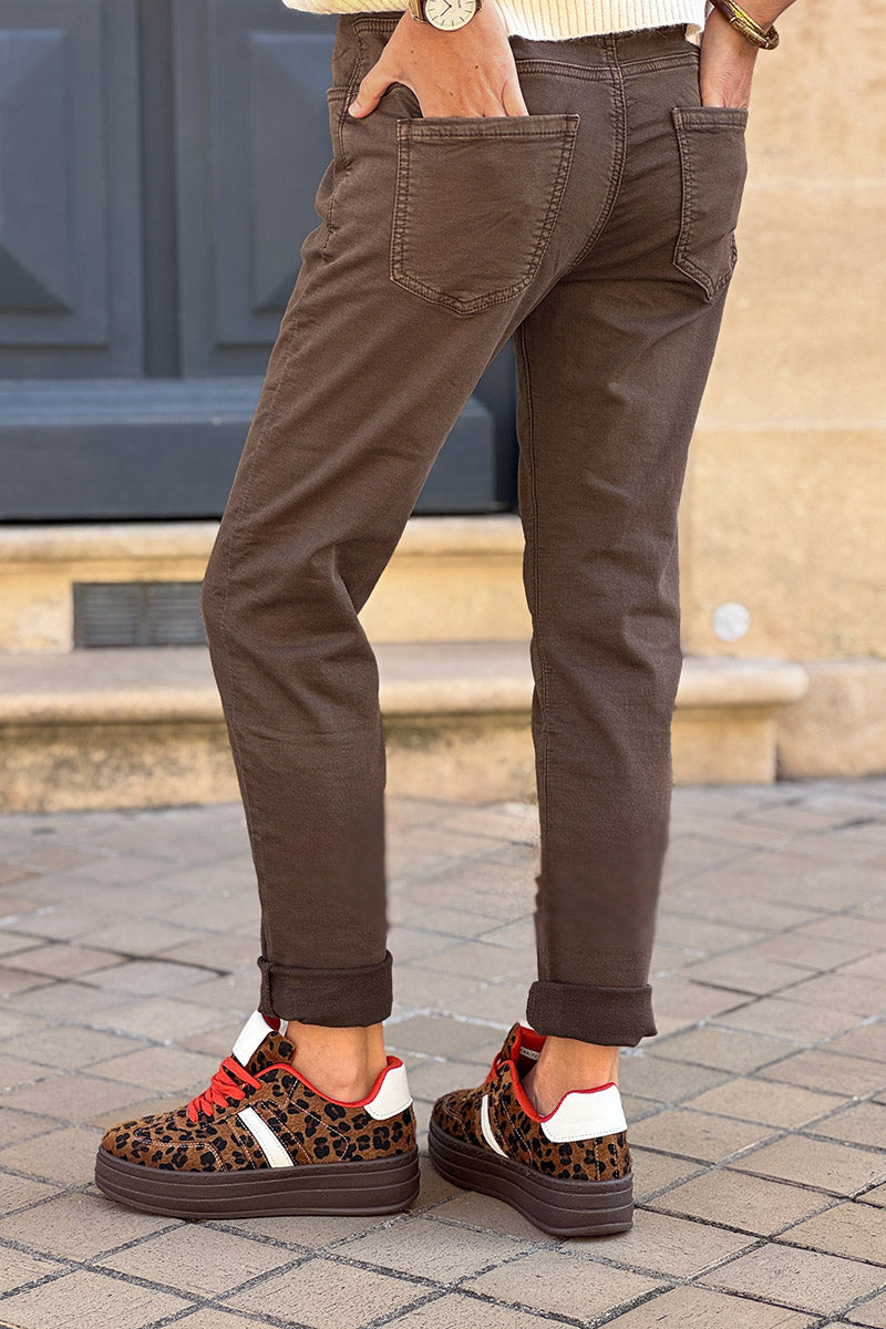 Cafe Jeans with Leopard Print Drawstring Waist
