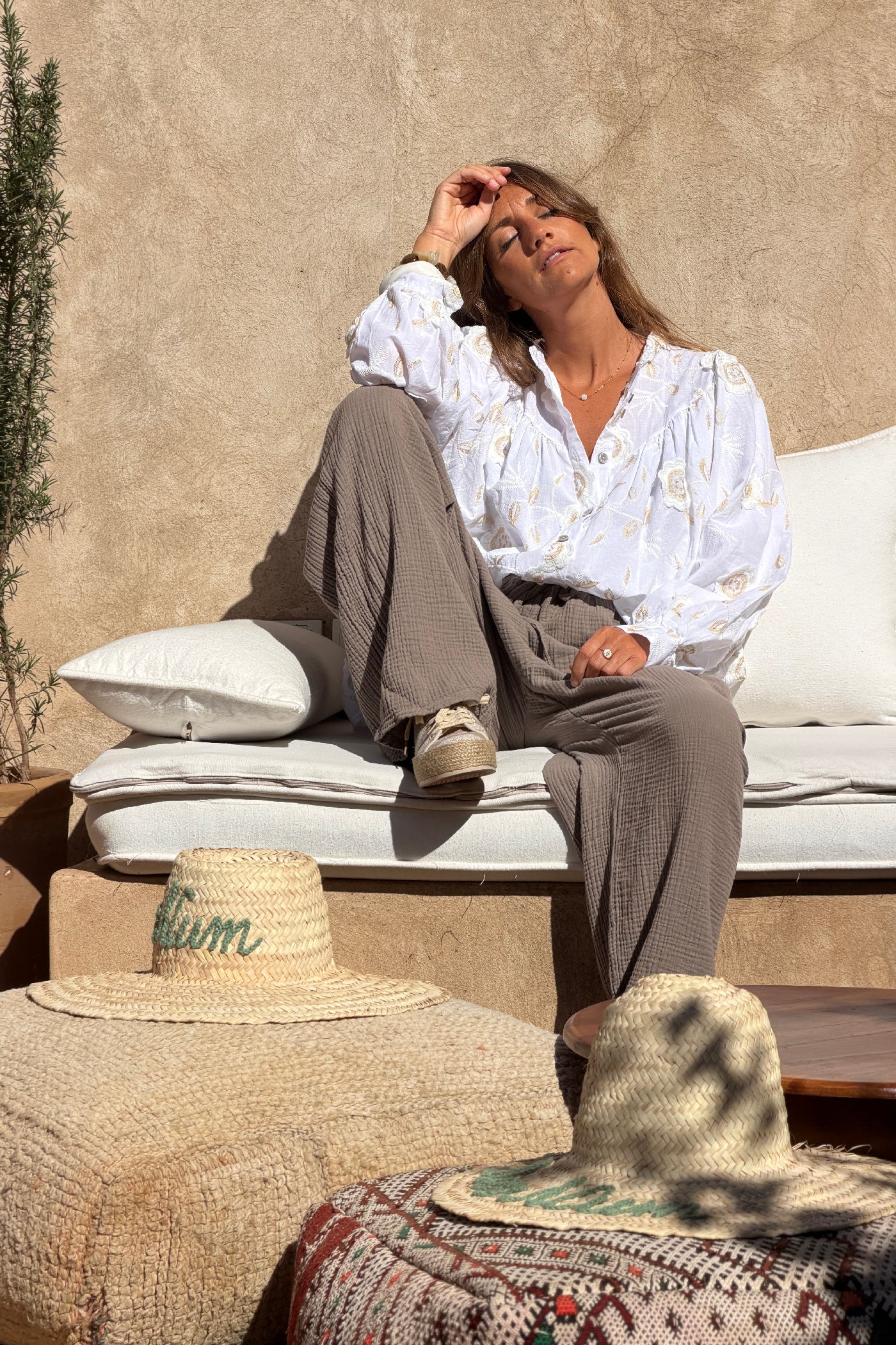 Pantalon marron droit en gaze de coton ceinture élastique