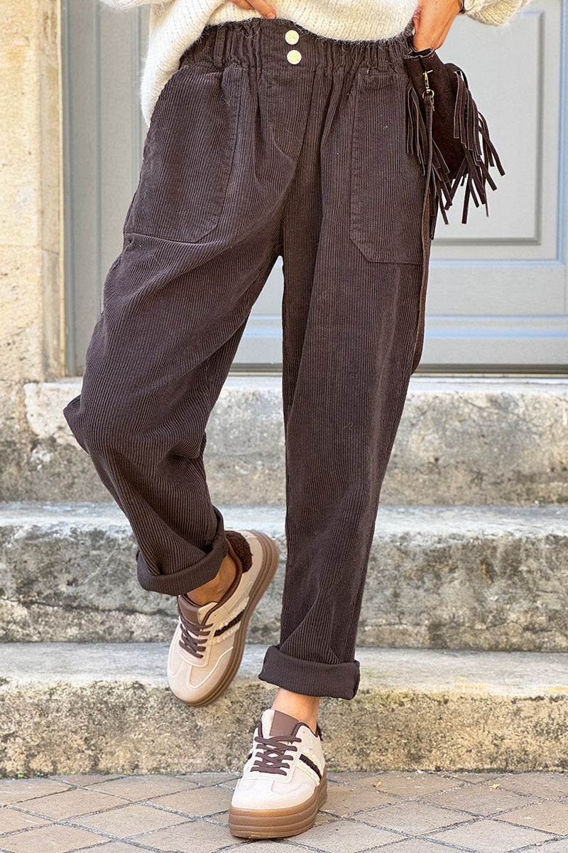 Pantalon marron en velours côtelé coupe paperbag ceinture élastique