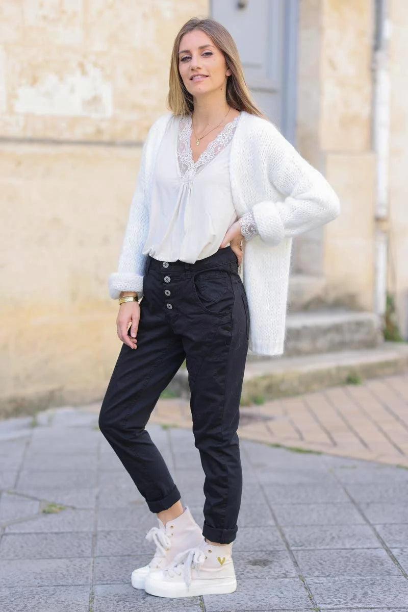 Pantalon noir bi matière toile et jersey stretch à boutons