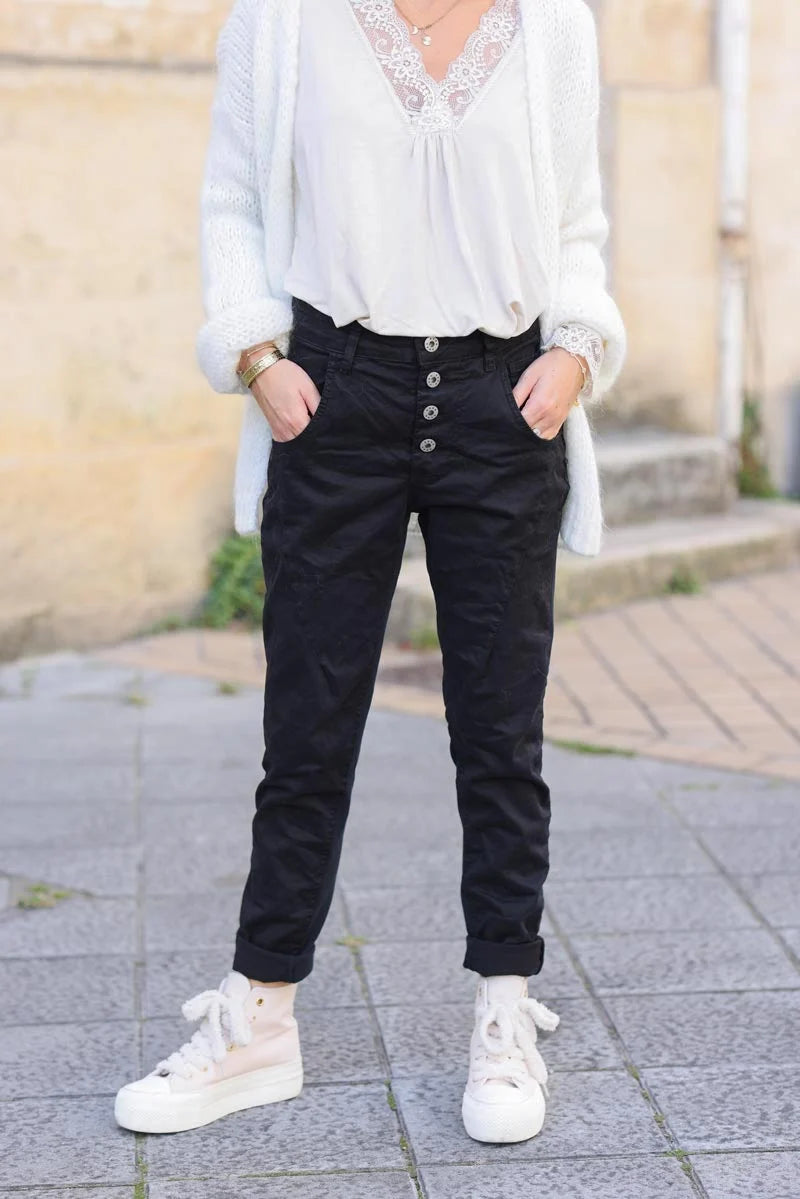 Pantalon noir bi matière toile et jersey stretch à boutons