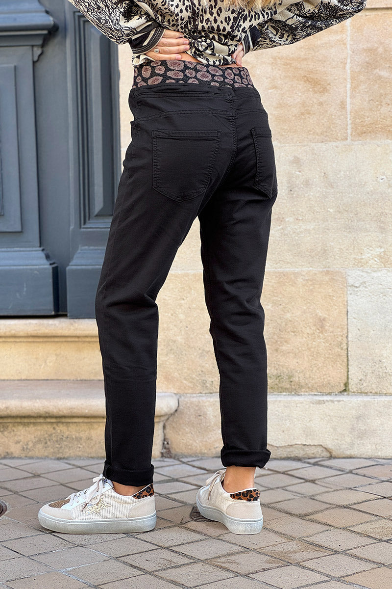Black Jeans with Leopard Print Drawstring Waist
