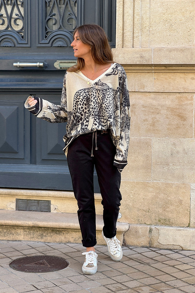 Black Jeans with Leopard Print Drawstring Waist
