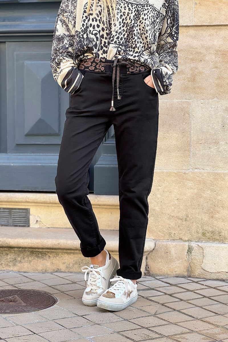 Pantalon noir coupe slim stretch ceinture élastique léopard brillant