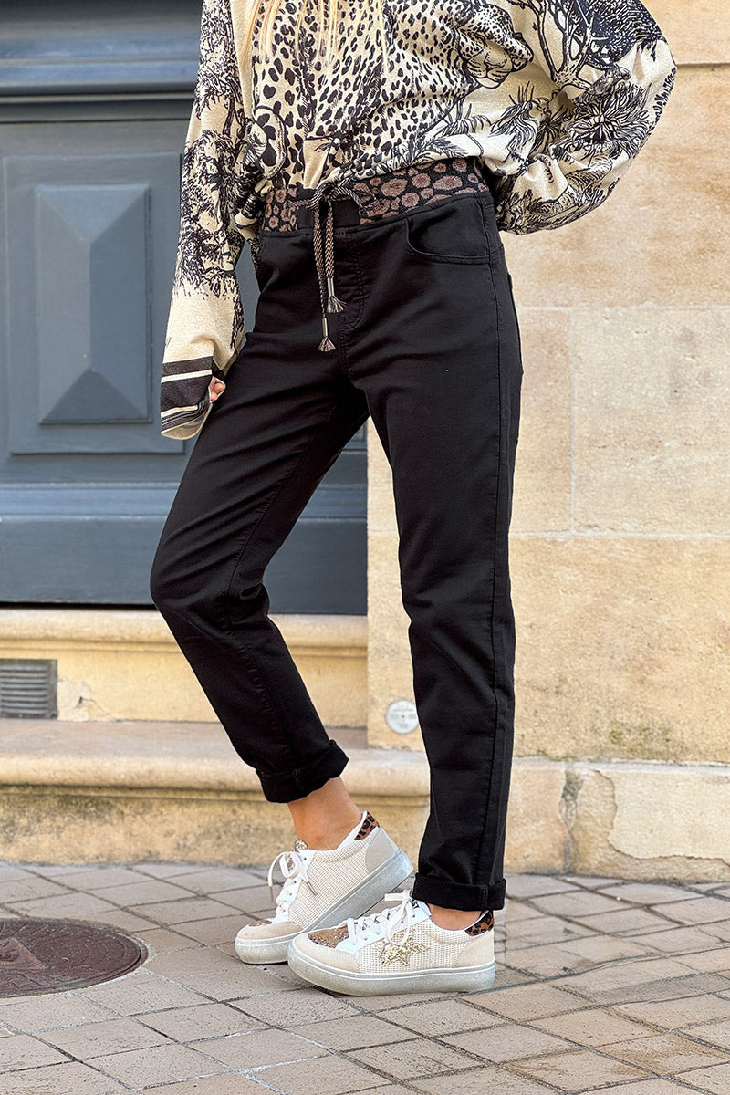 Black Jeans with Leopard Print Drawstring Waist
