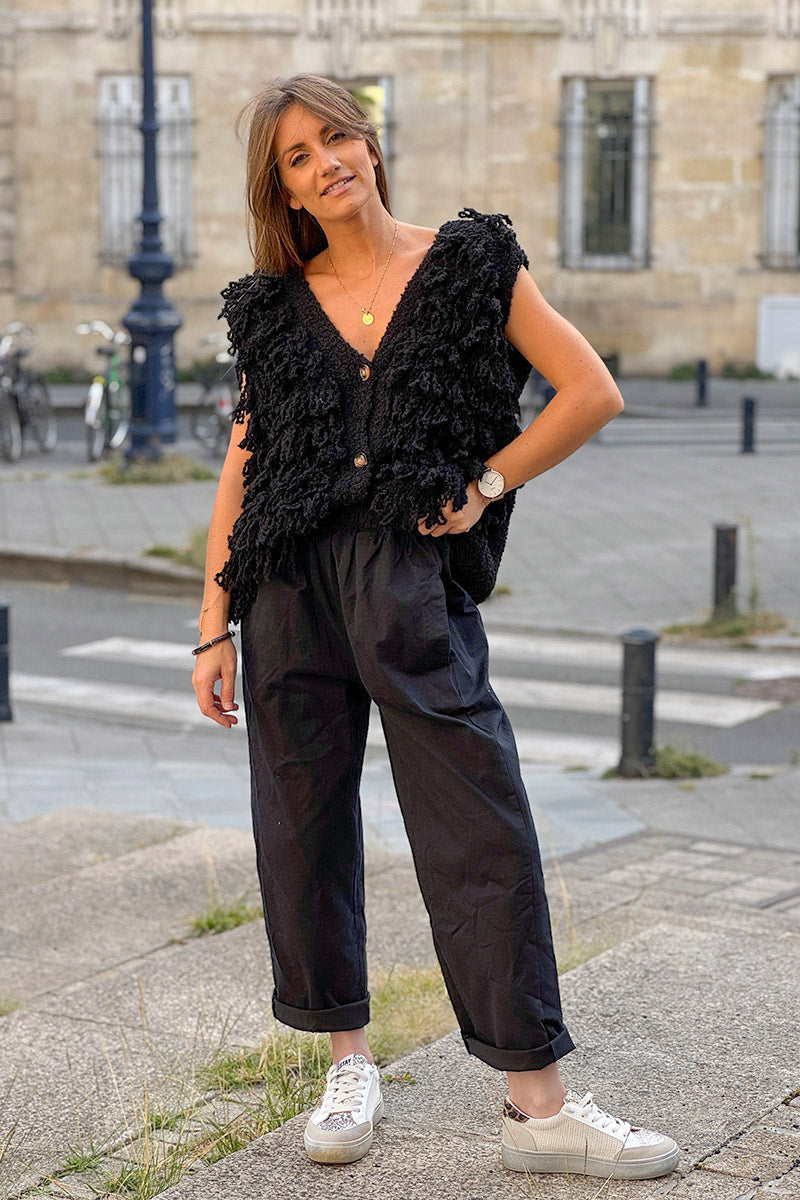 Pantalon noir en toile coupe boyfriend ceinture élastique