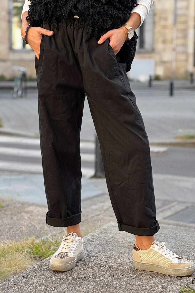 Pantalon noir en toile coupe boyfriend ceinture élastique