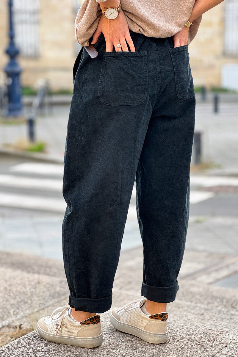 Pantalon noir en velours côtelé coupe ballon avec ceinture broderie aztèque