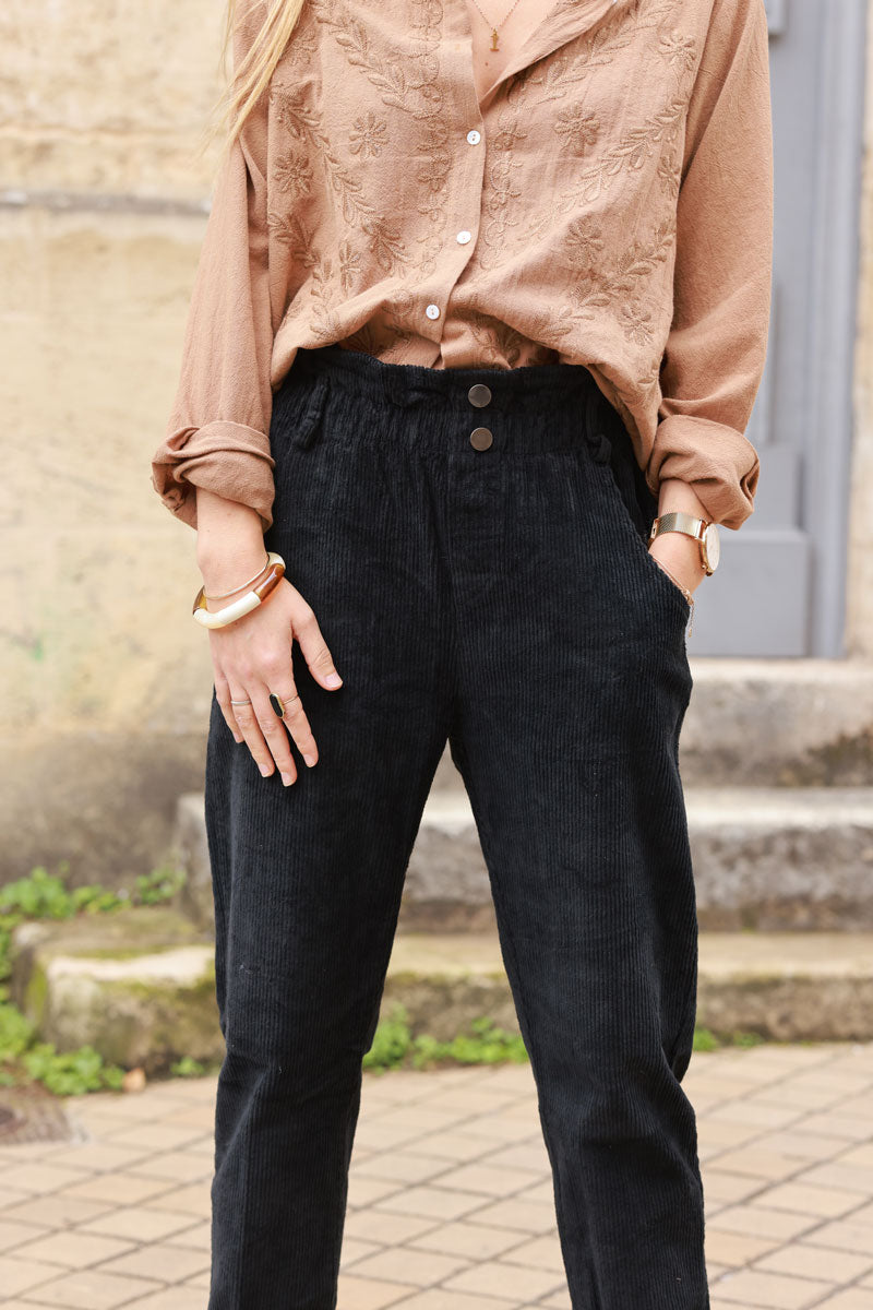 Black Corduroy Paperbag Waist Pants