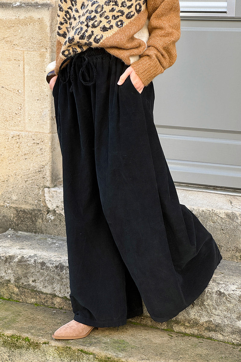 Black Cotton Wide-Leg Pants
