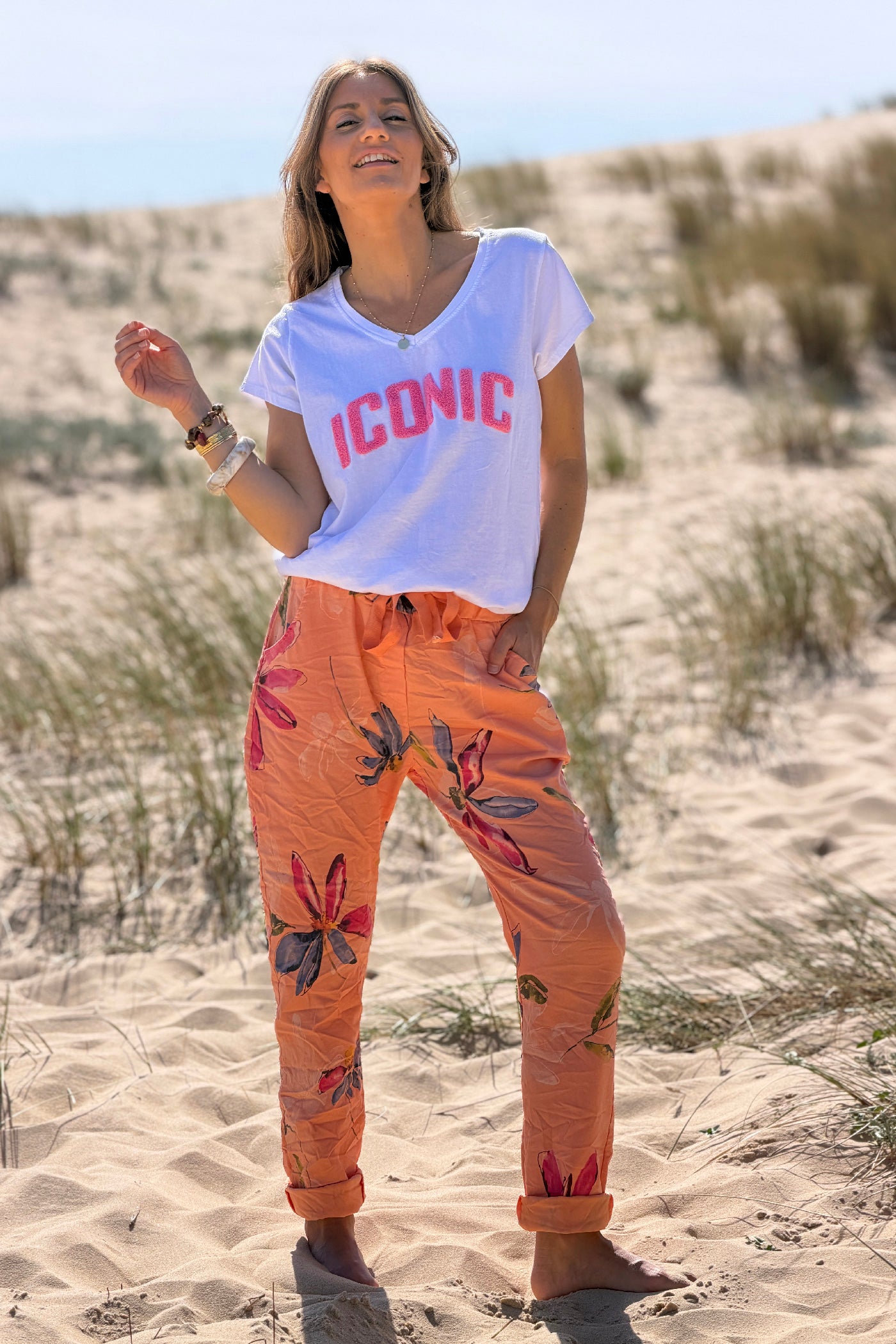 Orange Floral Art Print Pull-On Pants