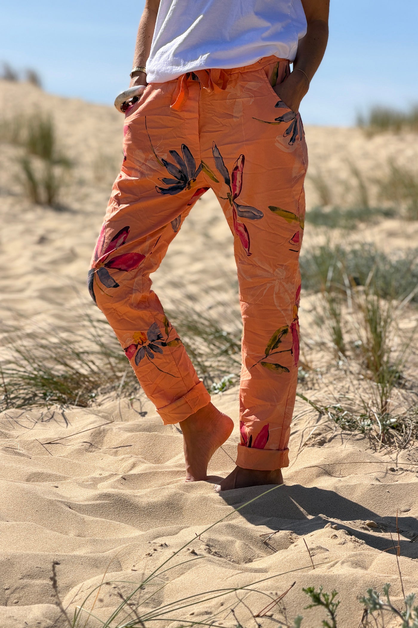 Orange Floral Art Print Pull-On Pants