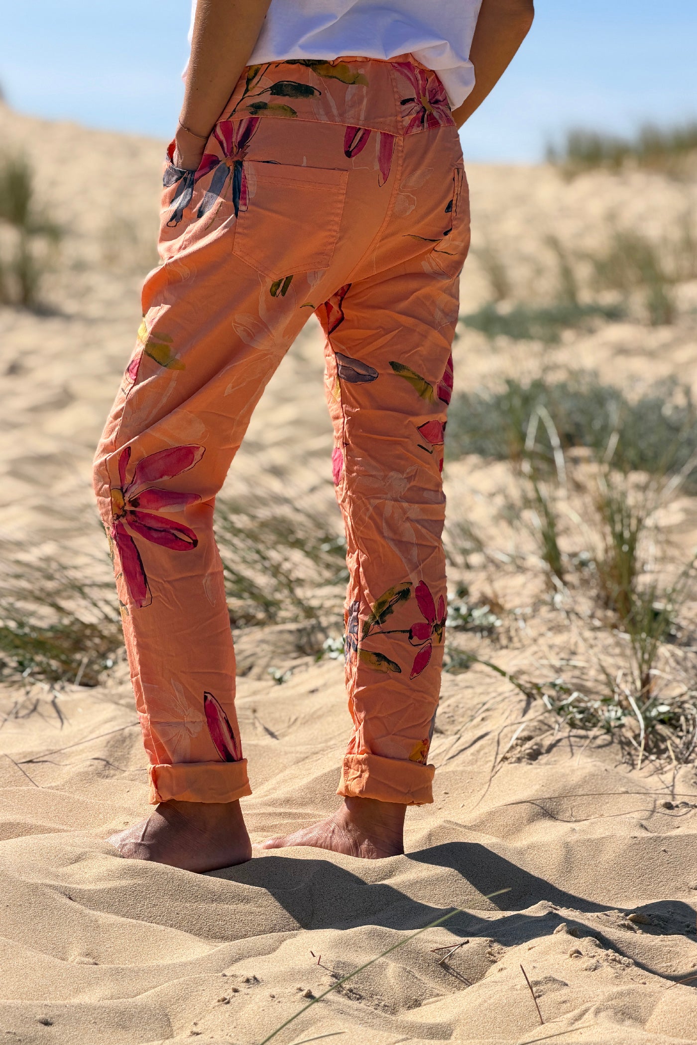Orange Floral Art Print Pull-On Pants