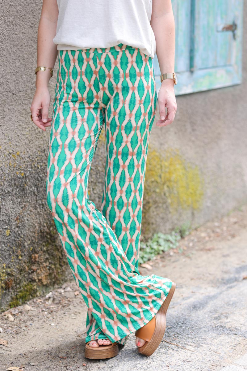 Pantalon patte d'eph fluide souple et stretch motifs losanges tie and dye vert H082 (1)