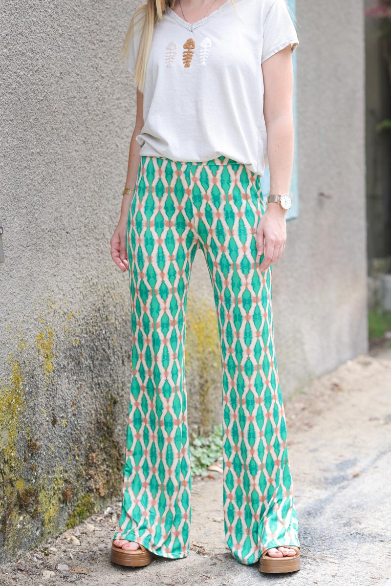 Pantalon patte d'eph fluide souple et stretch motifs losanges tie and dye vert H082 (1)