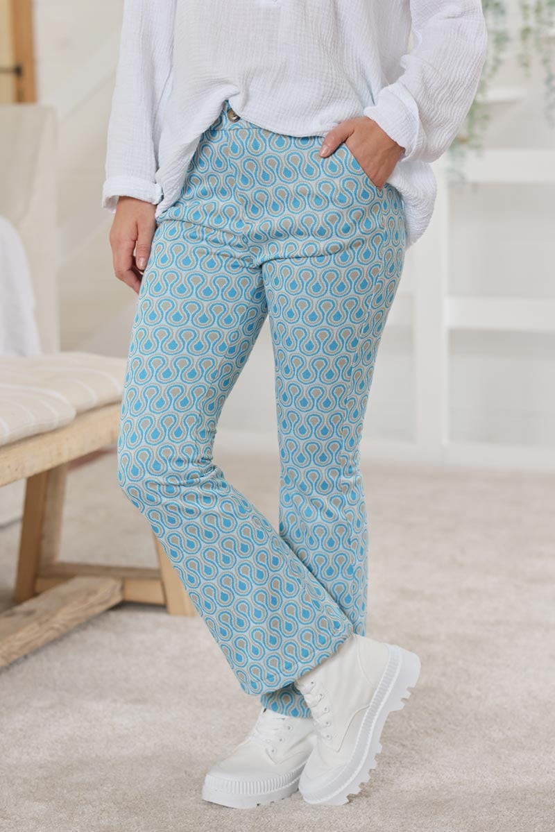 Pantalon patte d'eph imprime seventies bleu H042 (1)