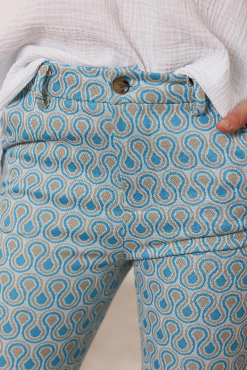 Pantalon patte d'eph imprime seventies bleu H042 (1)