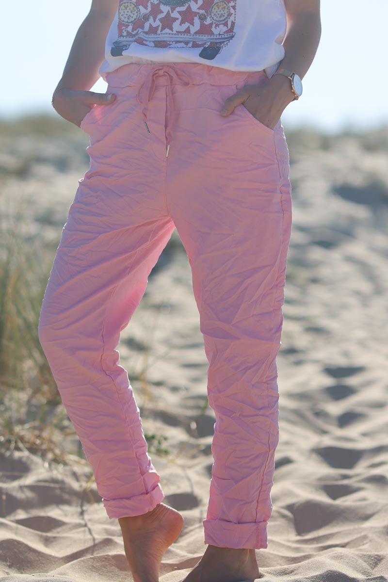 Pink creased effect trousers elasticated waist