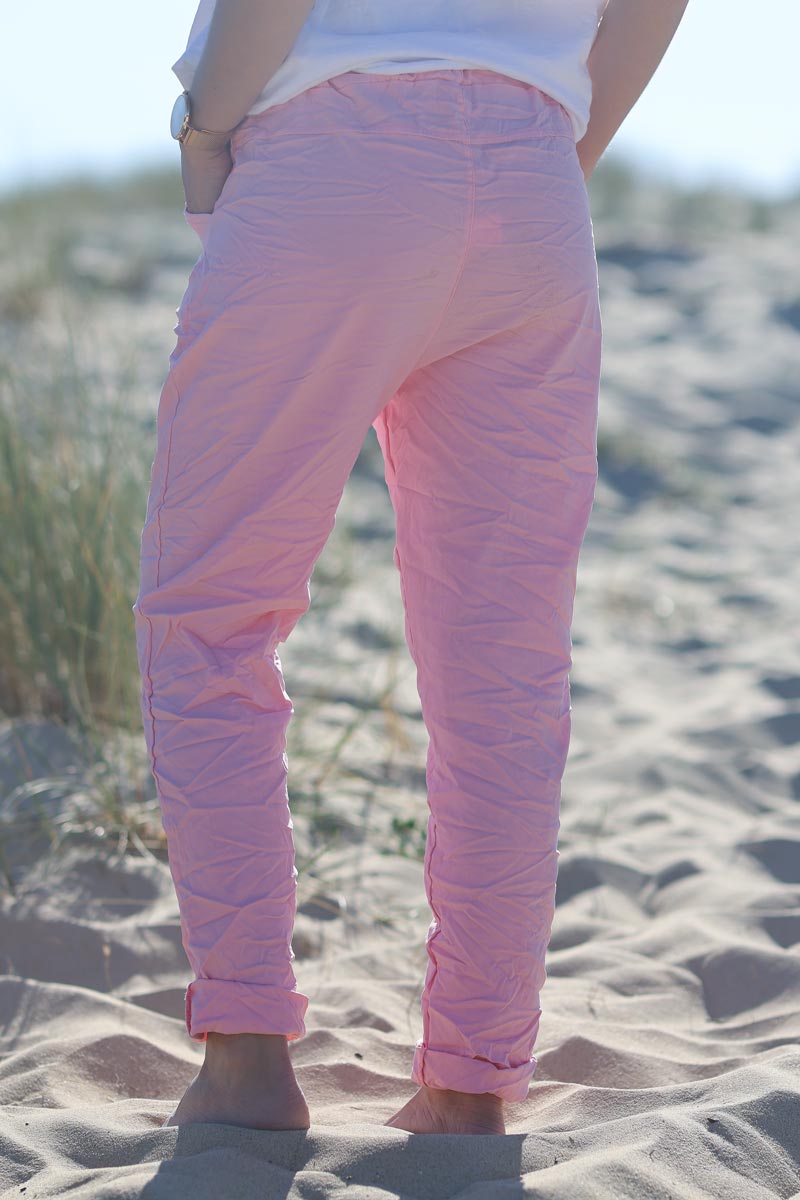 Pink creased effect trousers elasticated waist