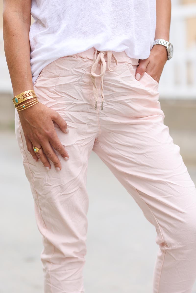 Soft pink creased effect trousers elasticated waist