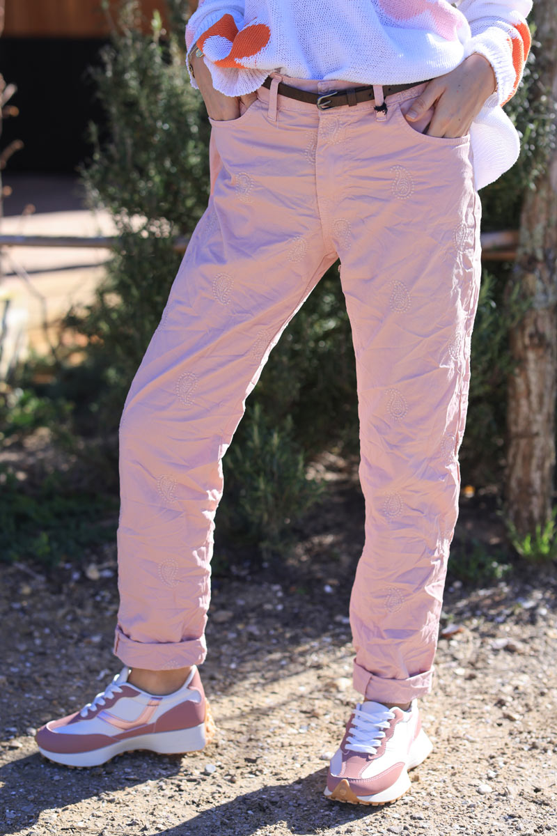 Powder pink slim fit pants with paisley embroidery and faux leather belt