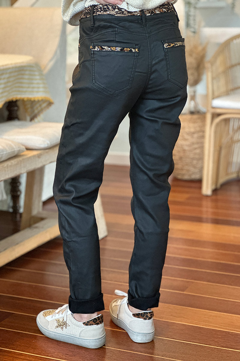 Black Sequin Pocket Wide-Leg Jeans with Sash Belt