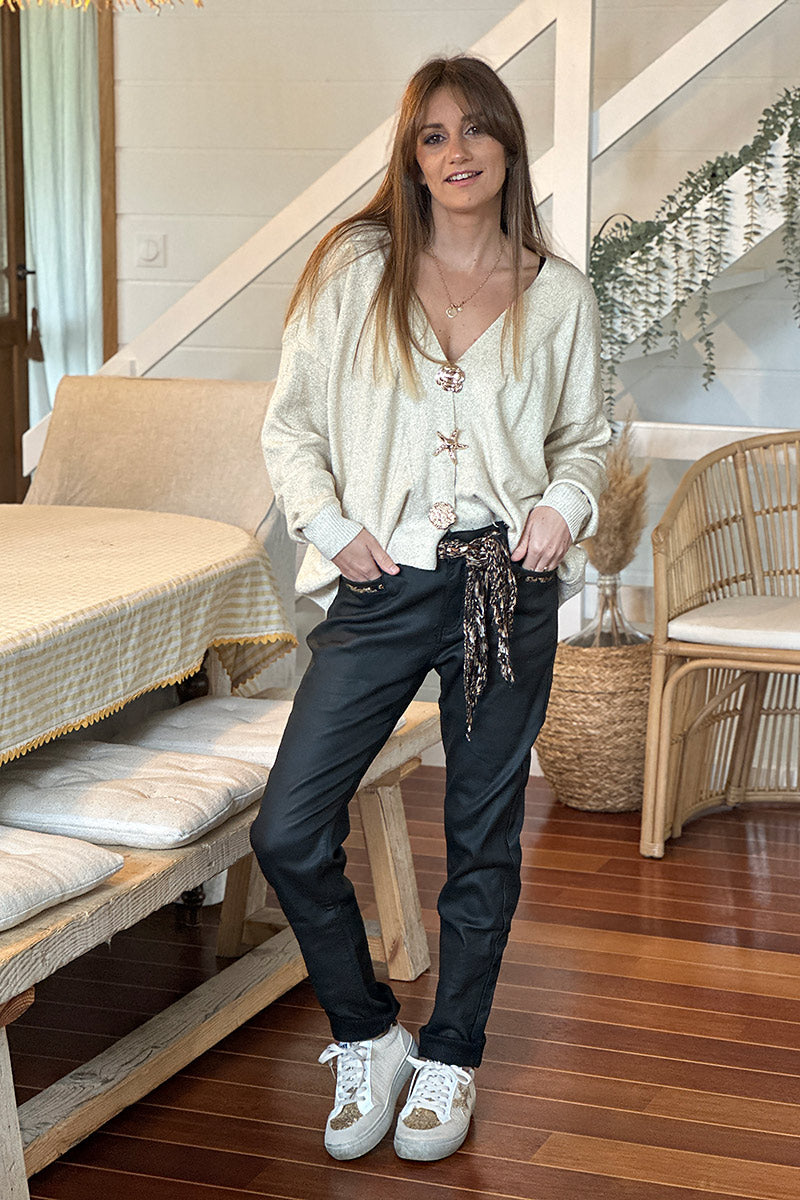 Black Sequin Pocket Wide-Leg Jeans with Sash Belt