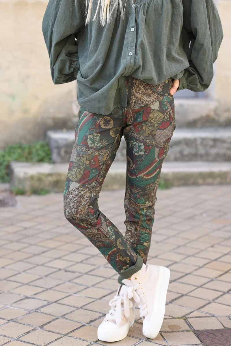 Reversible plain khaki slim pants with paisley print