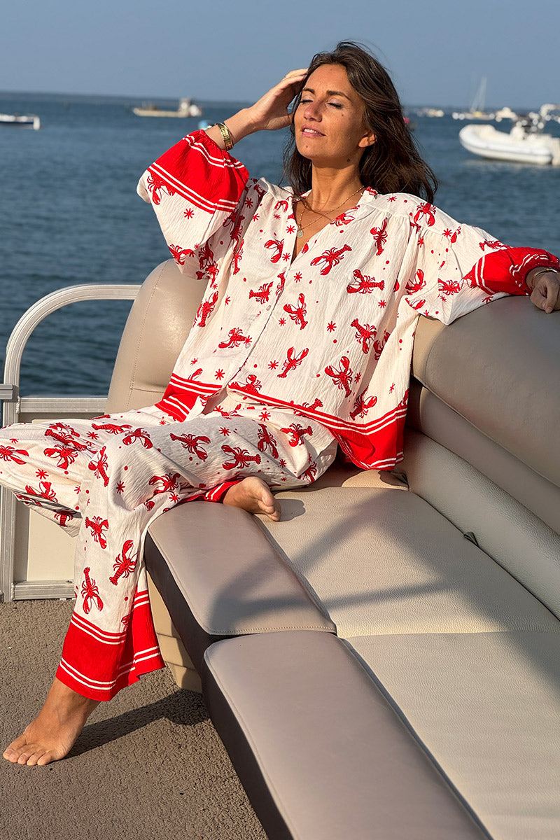 White Lobster Print Pull-On Pants
