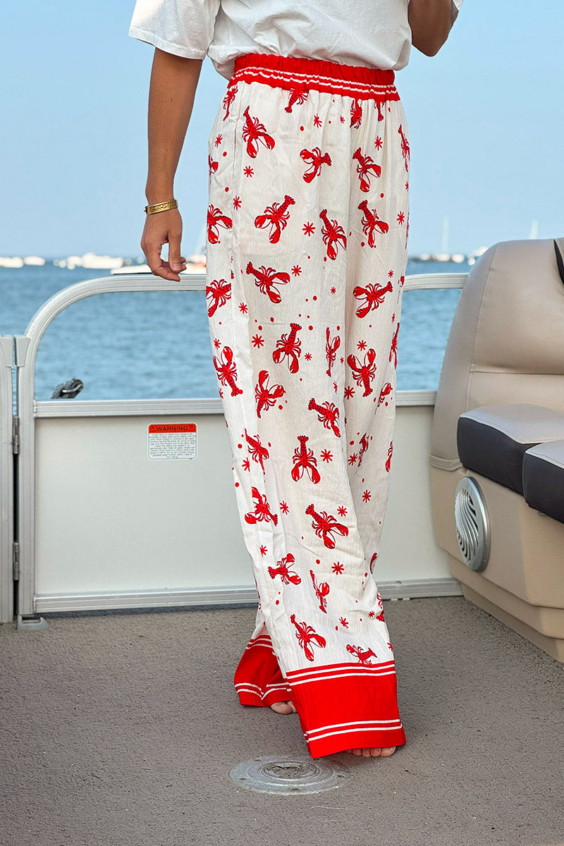 White Lobster Print Pull-On Pants
