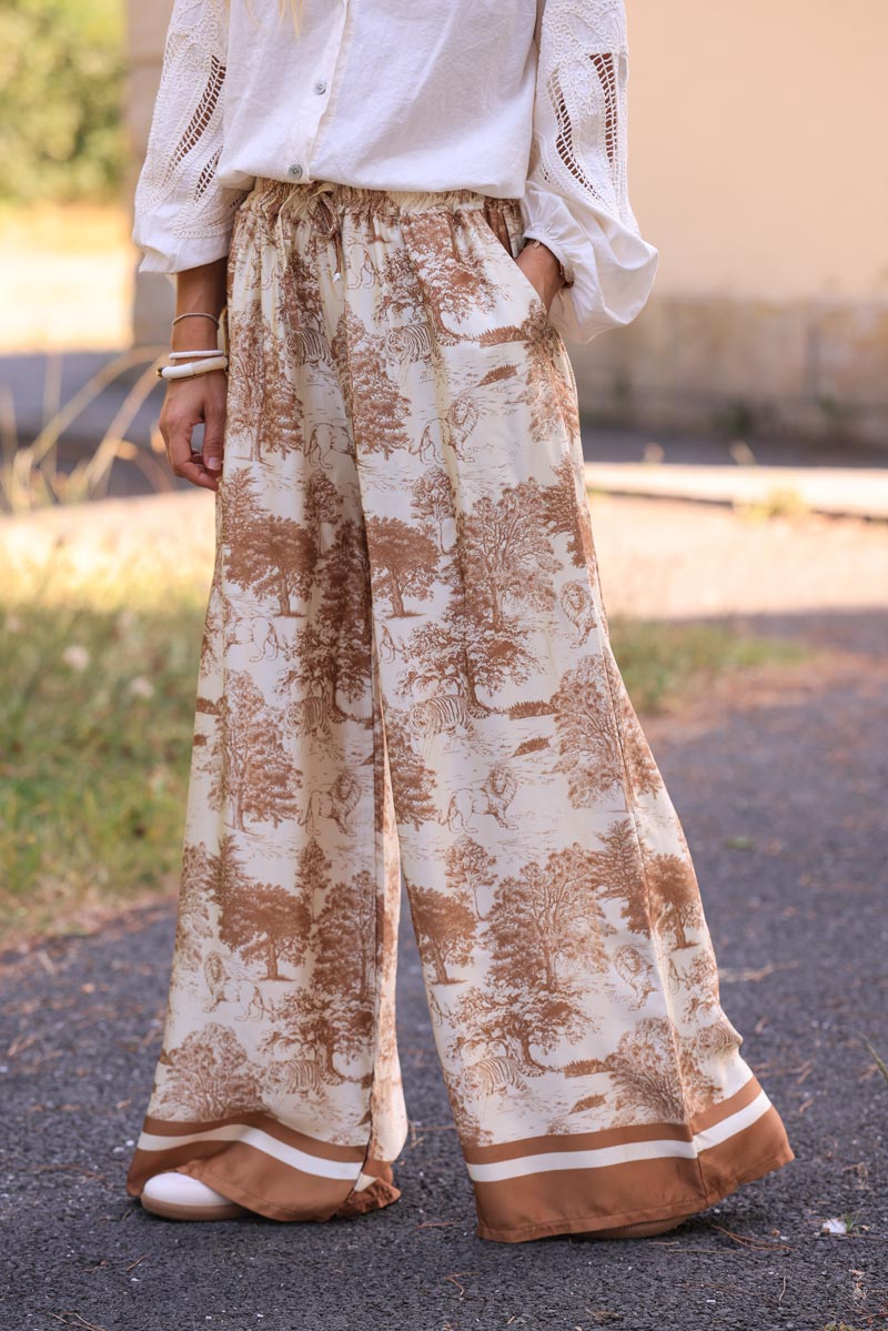 Silky floaty wide leg pants with camel toile de jouy print