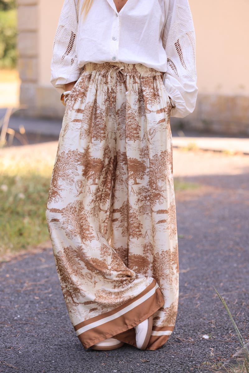 Silky floaty wide leg pants with camel toile de jouy print