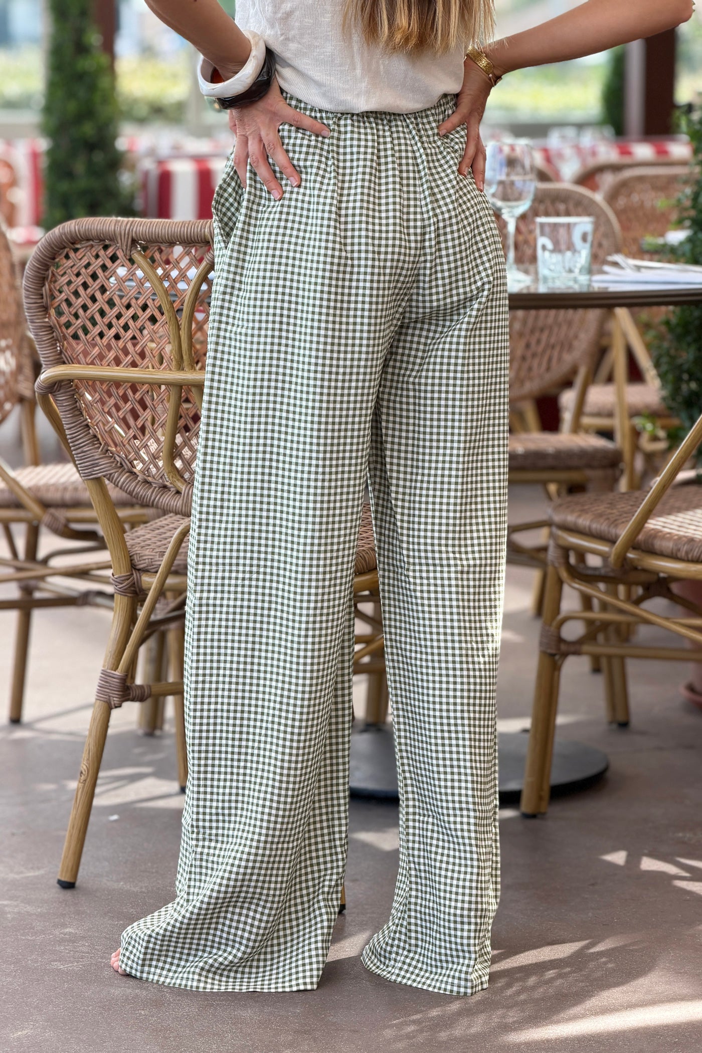 Pantalon souple et large motif carreaux vichy kaki taille élastique