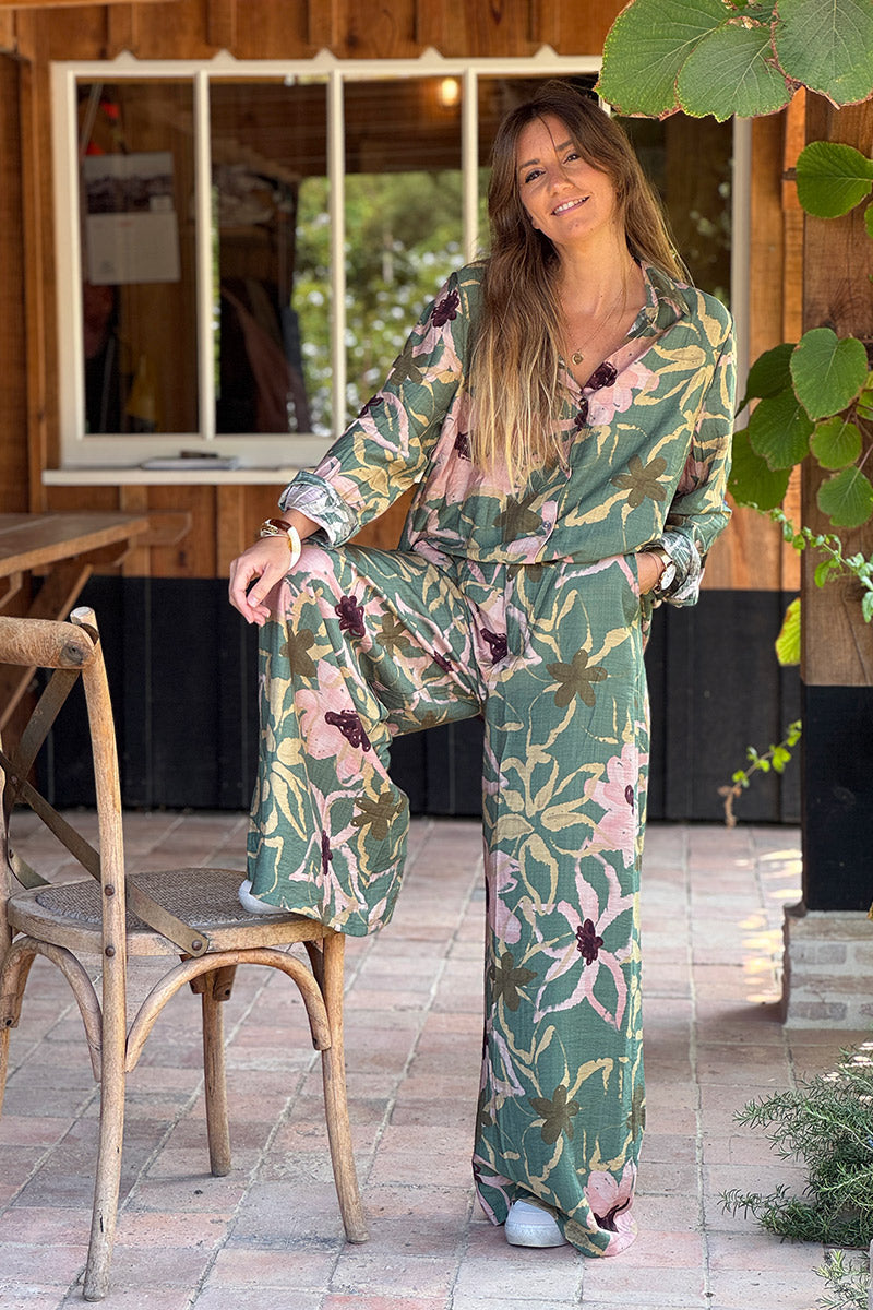 Khaki Sophisticated Floral Viscose Wide-Leg Trousers