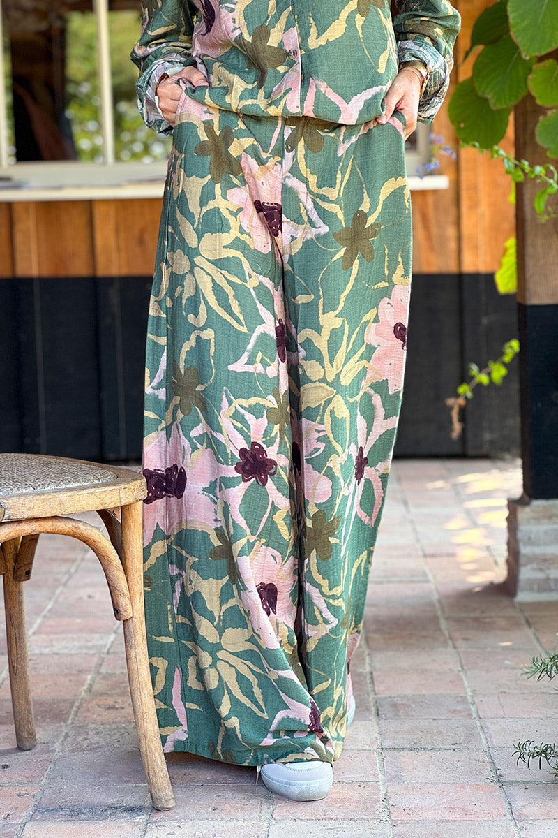 Khaki Sophisticated Floral Viscose Wide-Leg Trousers