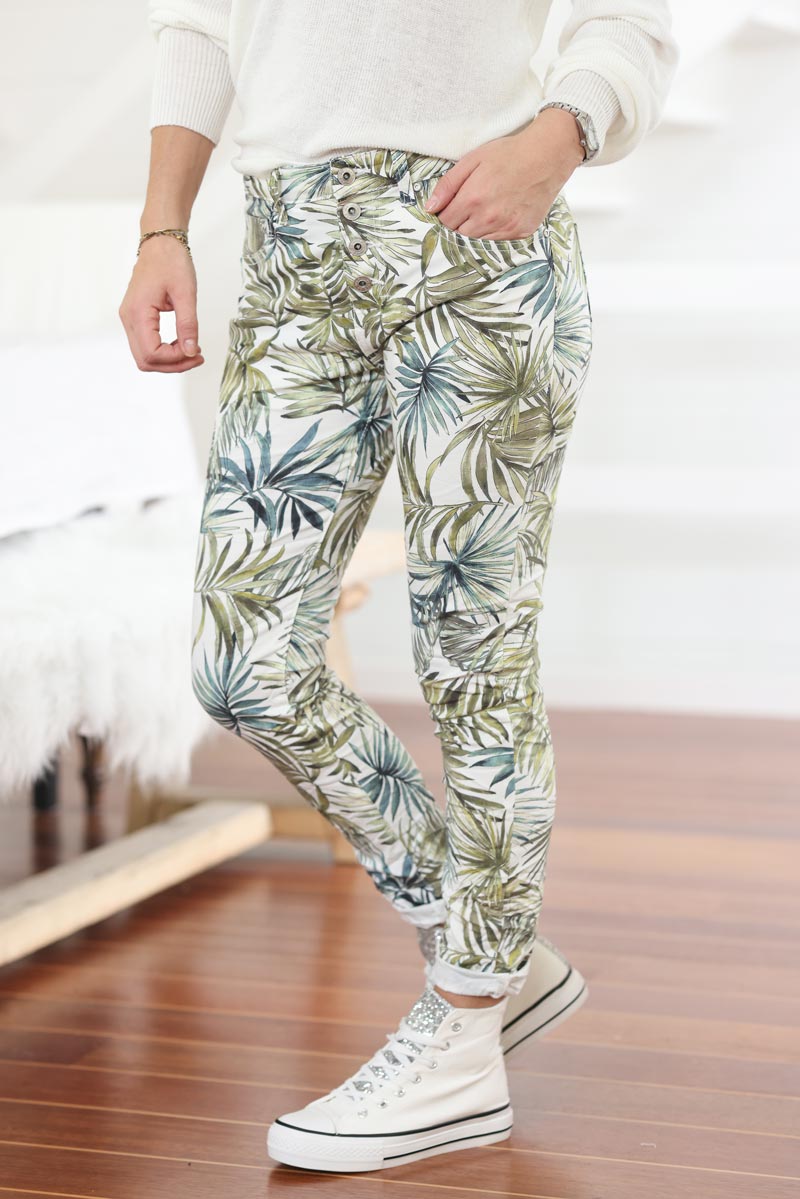 Pantalon stretch blanc motif palmes vert kaki g008 (1)