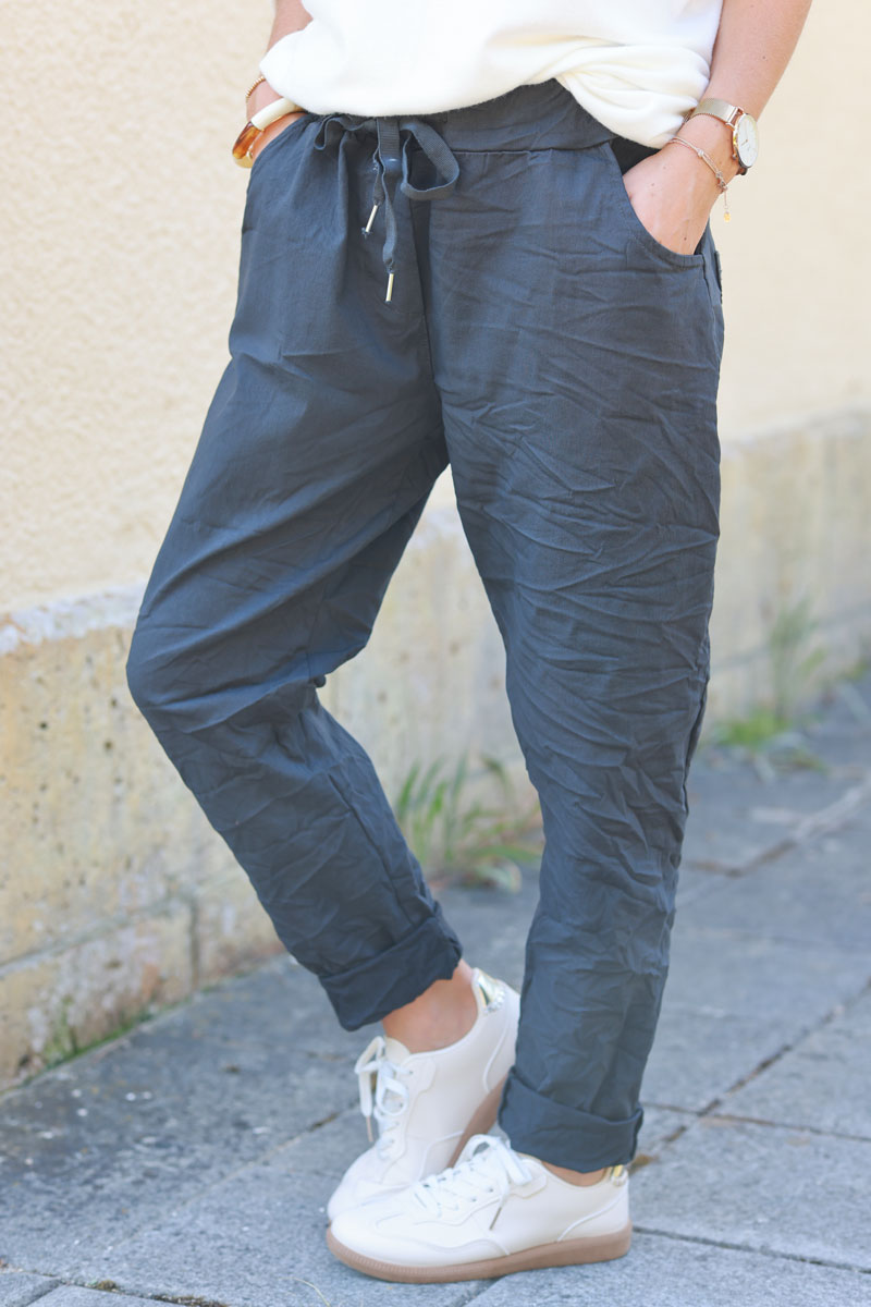 Pantalon confort gris anthracite en toile stretch étoile brillante paillettes